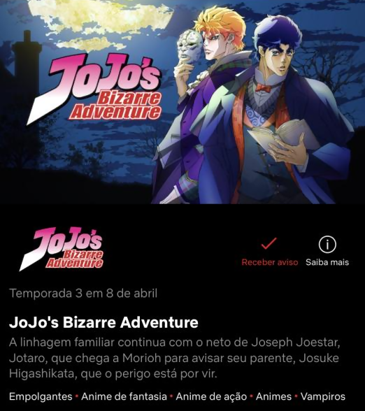 A parte 5 de JoJo estreia dia 1 dw outubro na Netflix (gravei